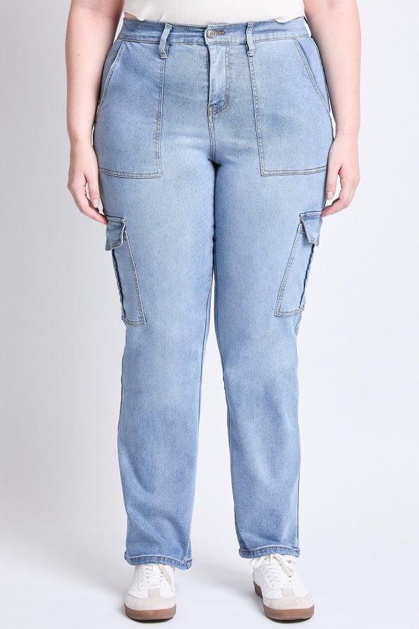 Women's Plus High Rise Elastic Waist Cargo Straight Leg Jeans - Image 2