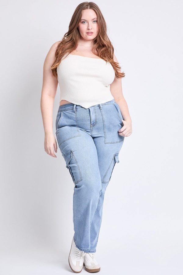 Women's Plus High Rise Elastic Waist Cargo Straight Leg Jeans - Image 8